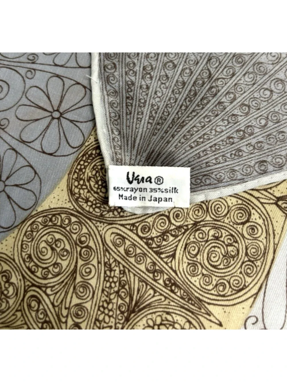 Vintage 1960's Vera Neumann Silk/Rayon Scarf Gray Beige Hand Rolled 22